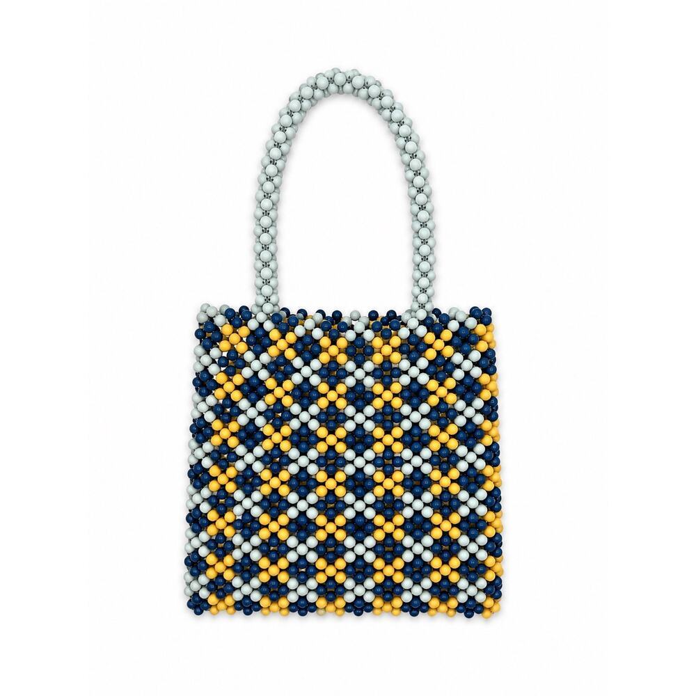 Lulus NYC Beaded Gingham Tote Bag Blue Yellow Handmade Checkerboard Purse